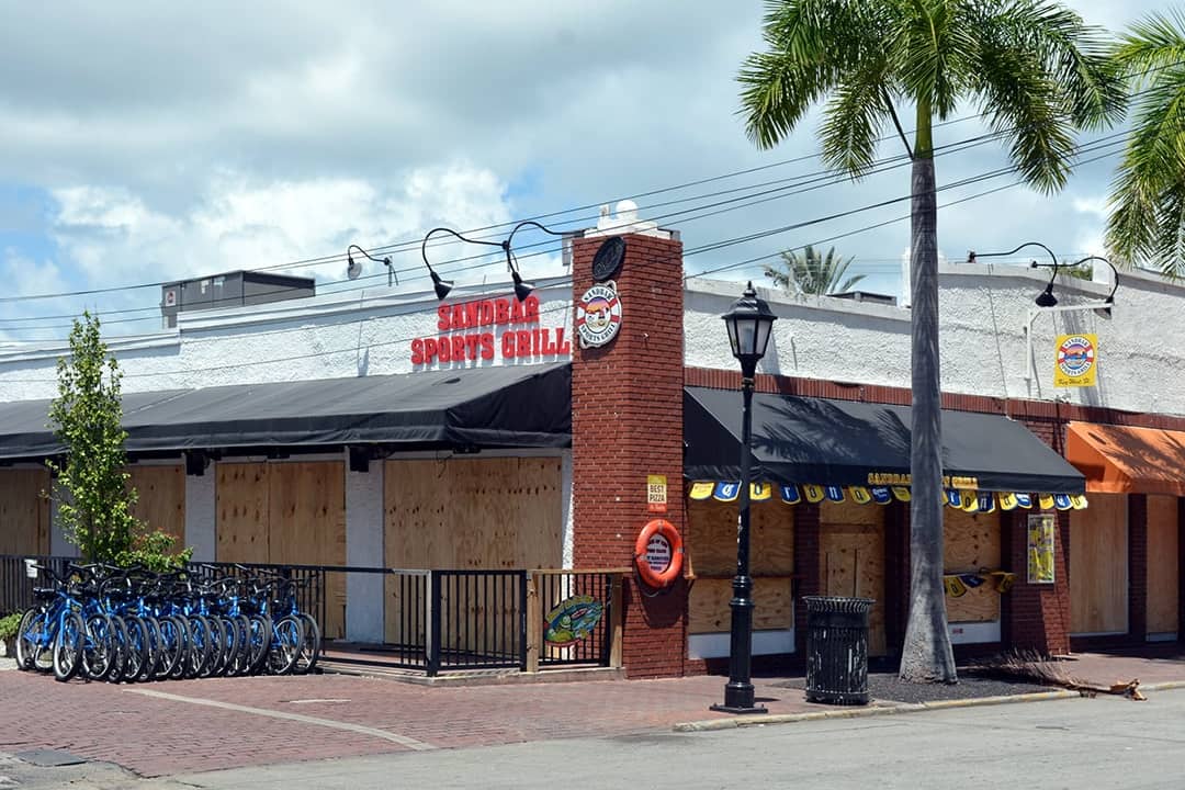 A sports bar boarded up and closed their hurricane shutters for safety protection before Hurricane Irma in Key West, Florida, USA.